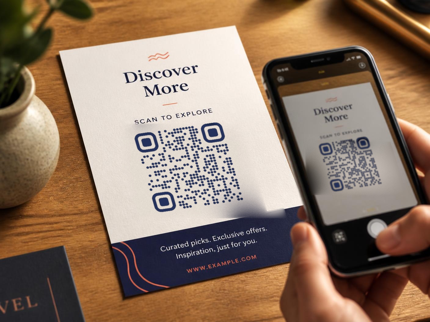 Gedruckter Flyer mit QR-Code wird mit dem Smartphone gescannt
